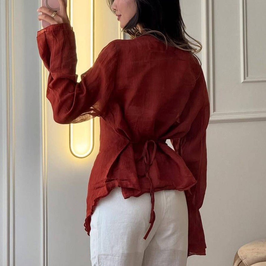Linen Blend Asymmetric Wrap Blouse — BL1036