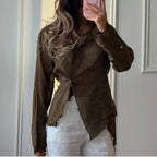 Linen Blend Asymmetric Wrap Blouse — BL1036