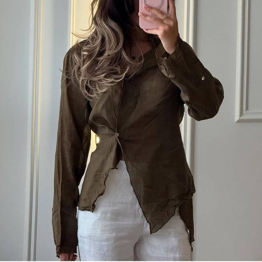 Linen Blend Asymmetric Wrap Blouse — BL1036
