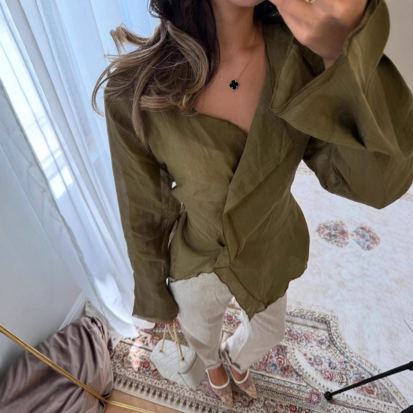 Linen Blend Asymmetric Wrap Blouse — BL1036