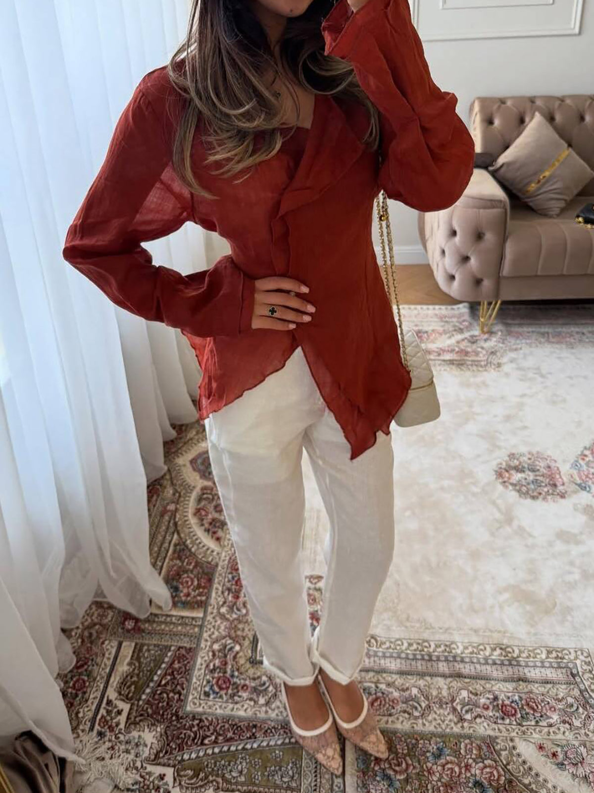 Linen Blend Asymmetric Wrap Blouse — BL1036