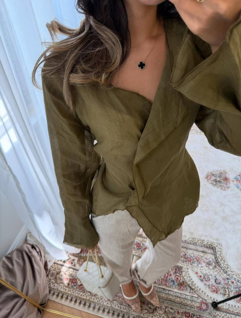 Linen Blend Asymmetric Wrap Blouse — BL1036