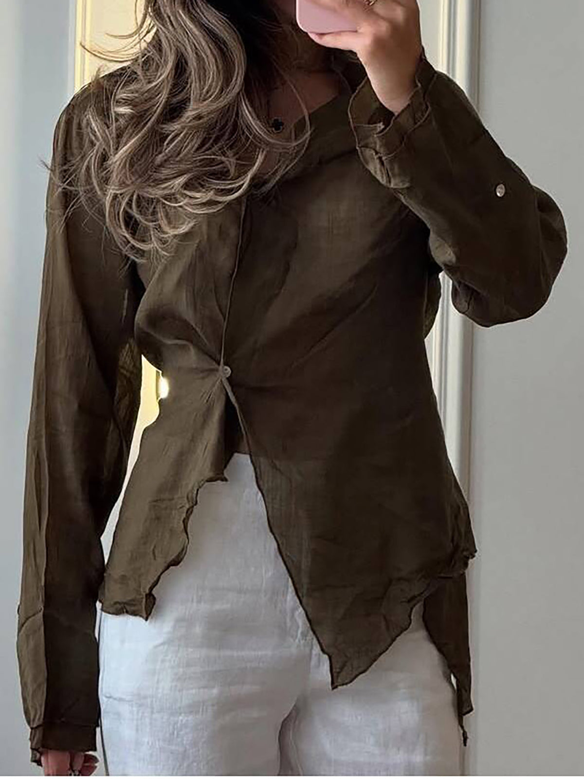 Linen Blend Asymmetric Wrap Blouse — BL1036