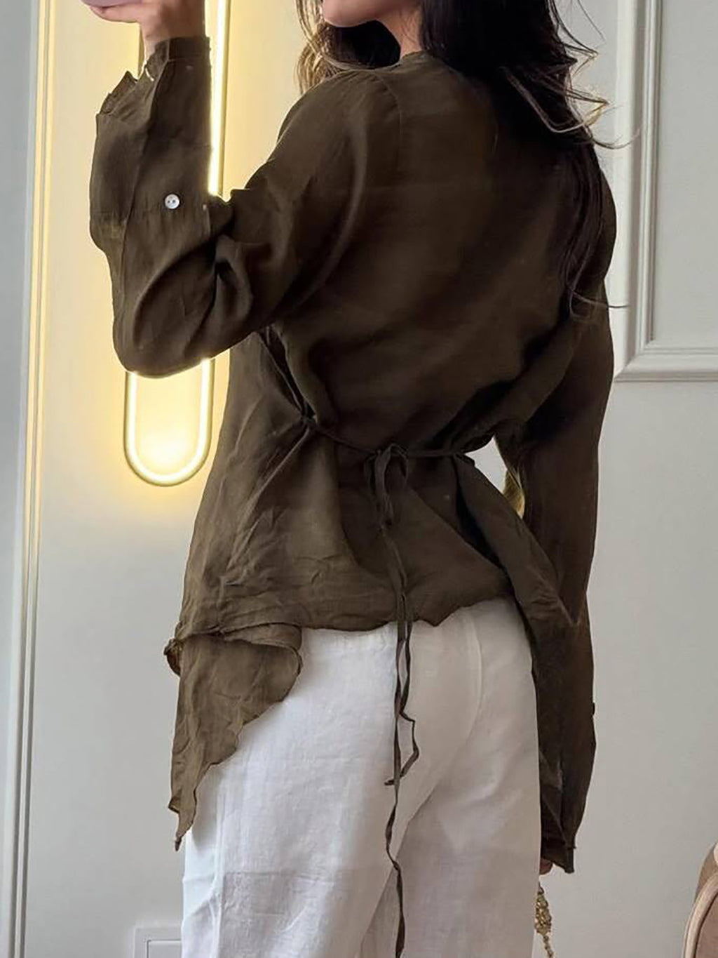 Linen Blend Asymmetric Wrap Blouse — BL1036
