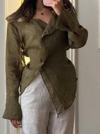 Linen Blend Asymmetric Wrap Blouse — BL1036