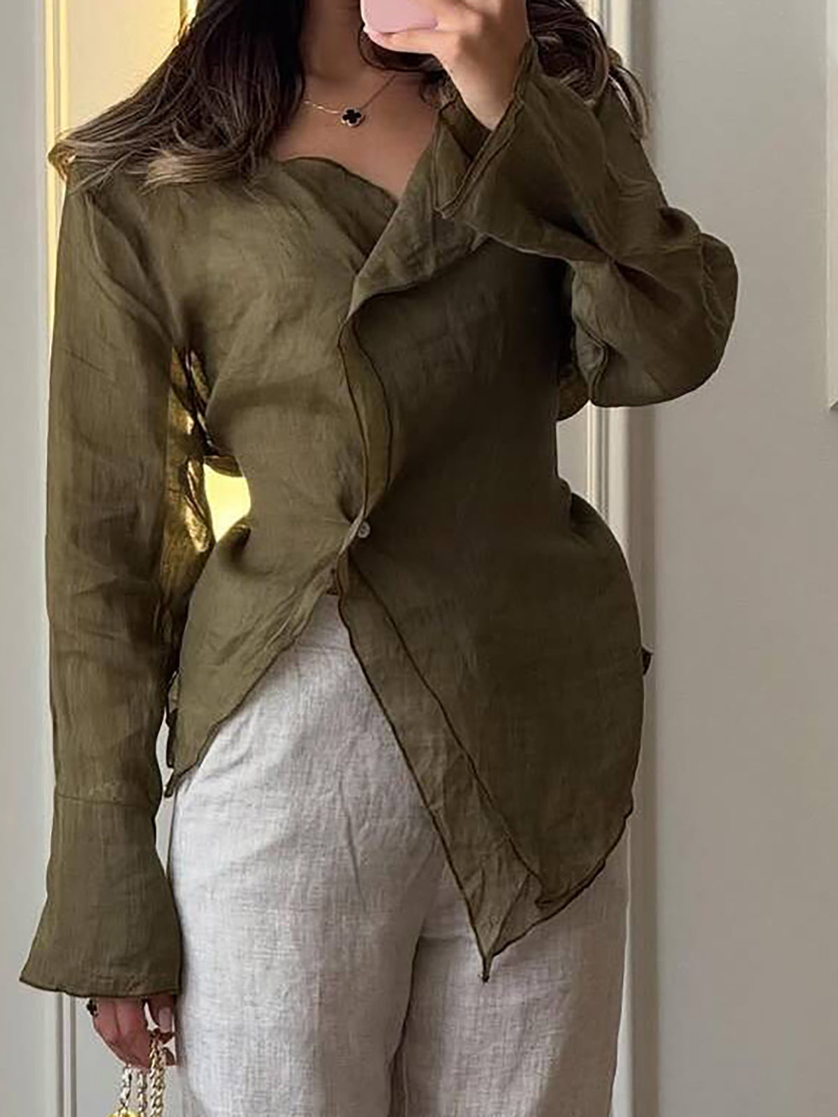 Linen Blend Asymmetric Wrap Blouse — BL1036