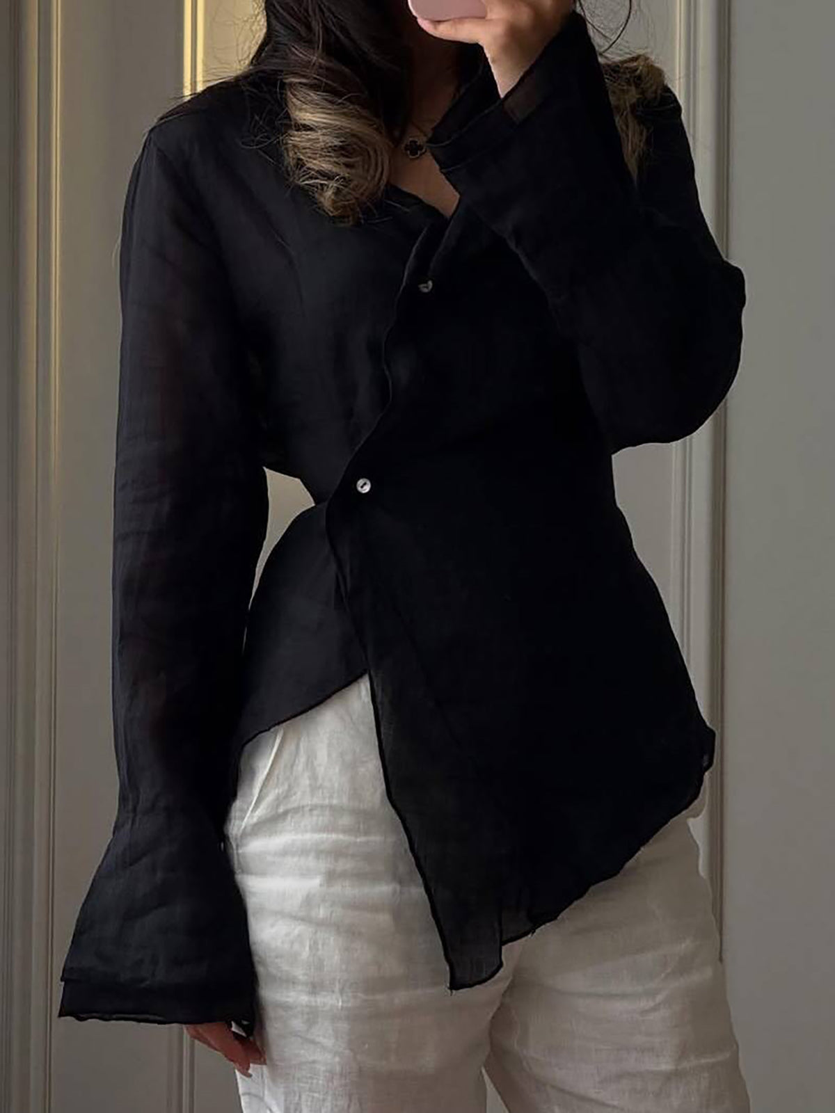 Linen Blend Asymmetric Wrap Blouse — BL1036