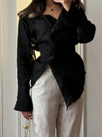 Linen Blend Asymmetric Wrap Blouse — BL1036