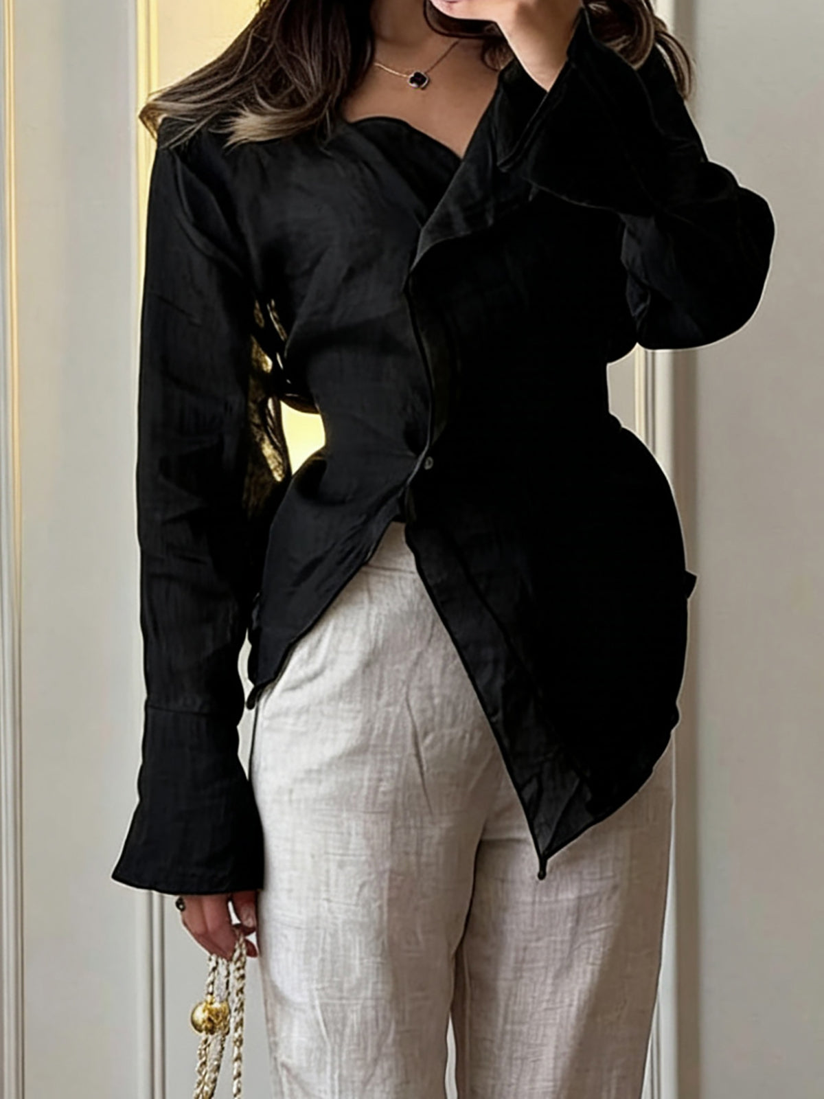 Linen Blend Asymmetric Wrap Blouse — BL1036