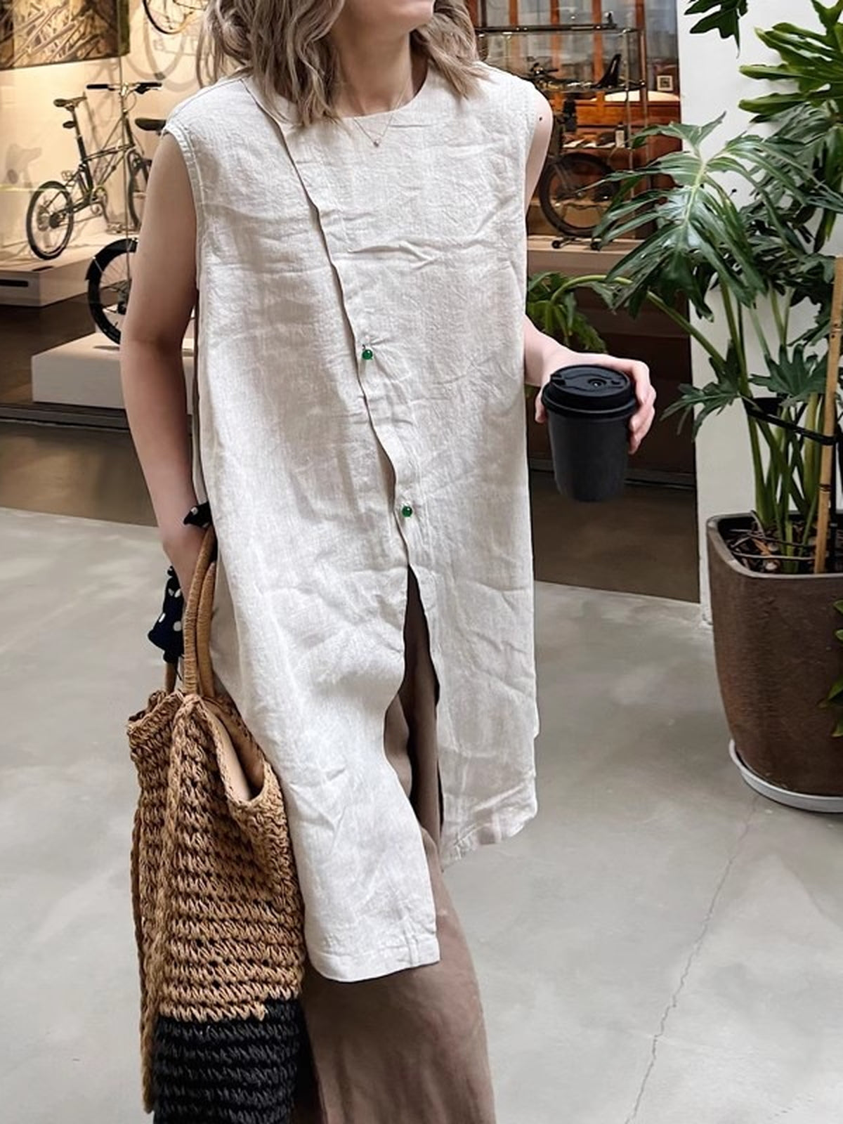 Linen Blend Long Vest Blouse — BL1037