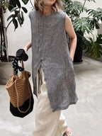 linen blend long vest blouse — BL1037