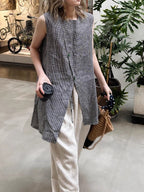 Linen Blend Long Vest Blouse — BL1037