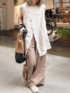 Linen Blend Long Vest Blouse — BL1037