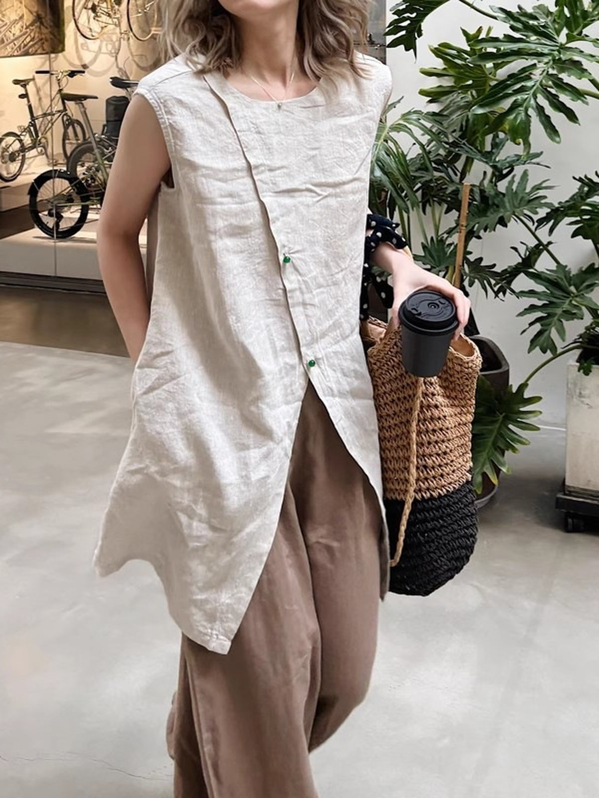 Linen Blend Long Vest Blouse — BL1037