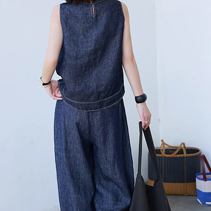 Hemp Cotton Light Denim Vest Blouse — BL1038