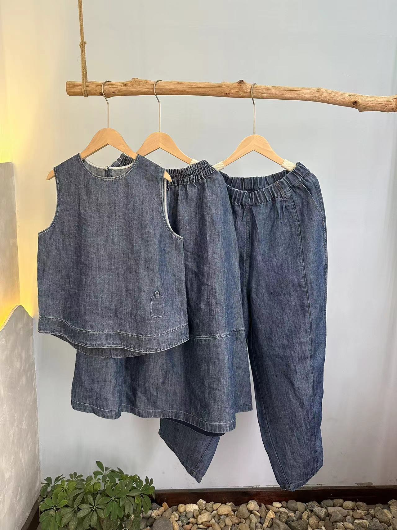 Hemp Cotton Light Denim Vest Blouse — BL1038