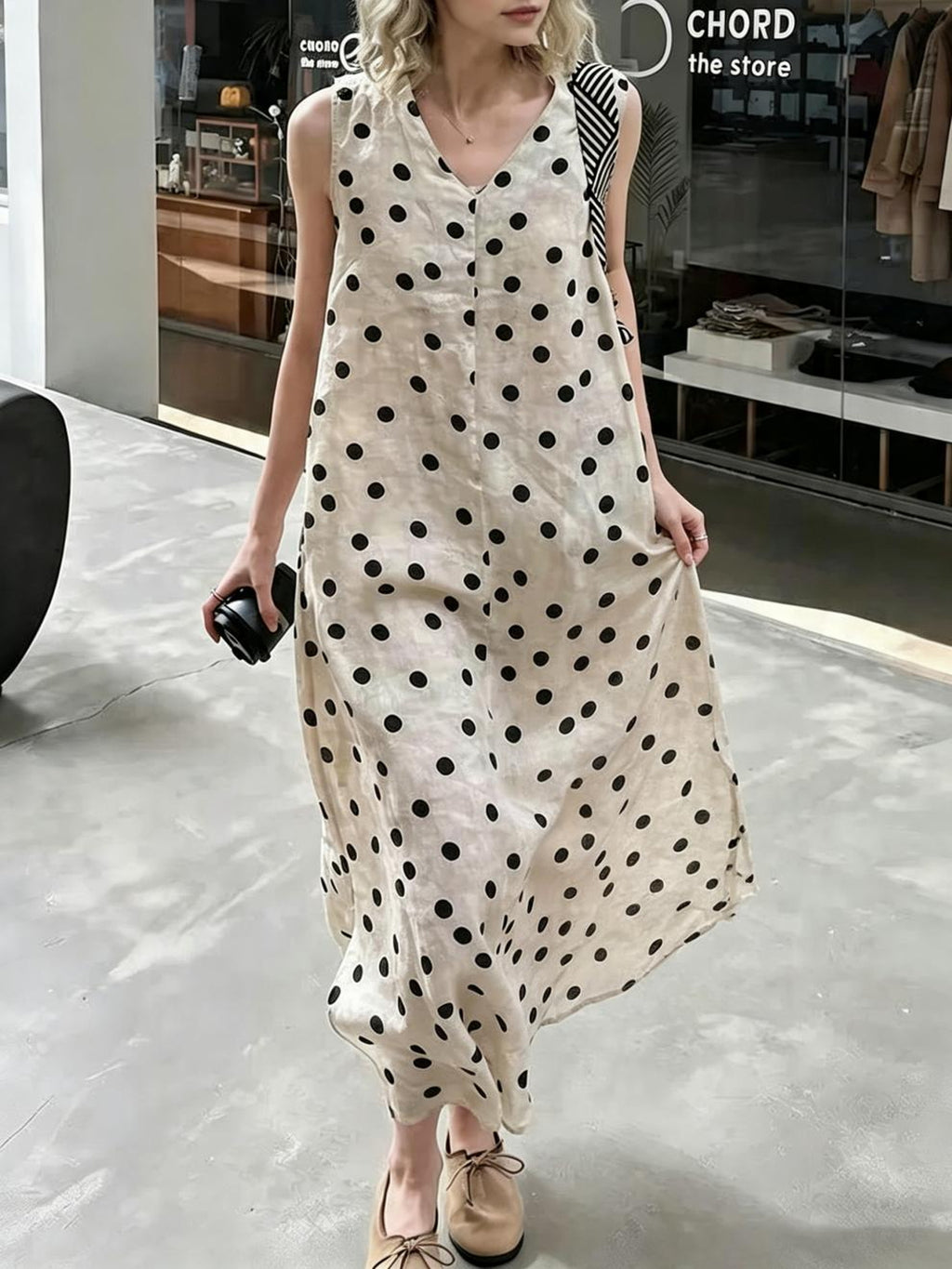 Retro Polka Dot V-Neck Sleeveless Dress — BL1039
