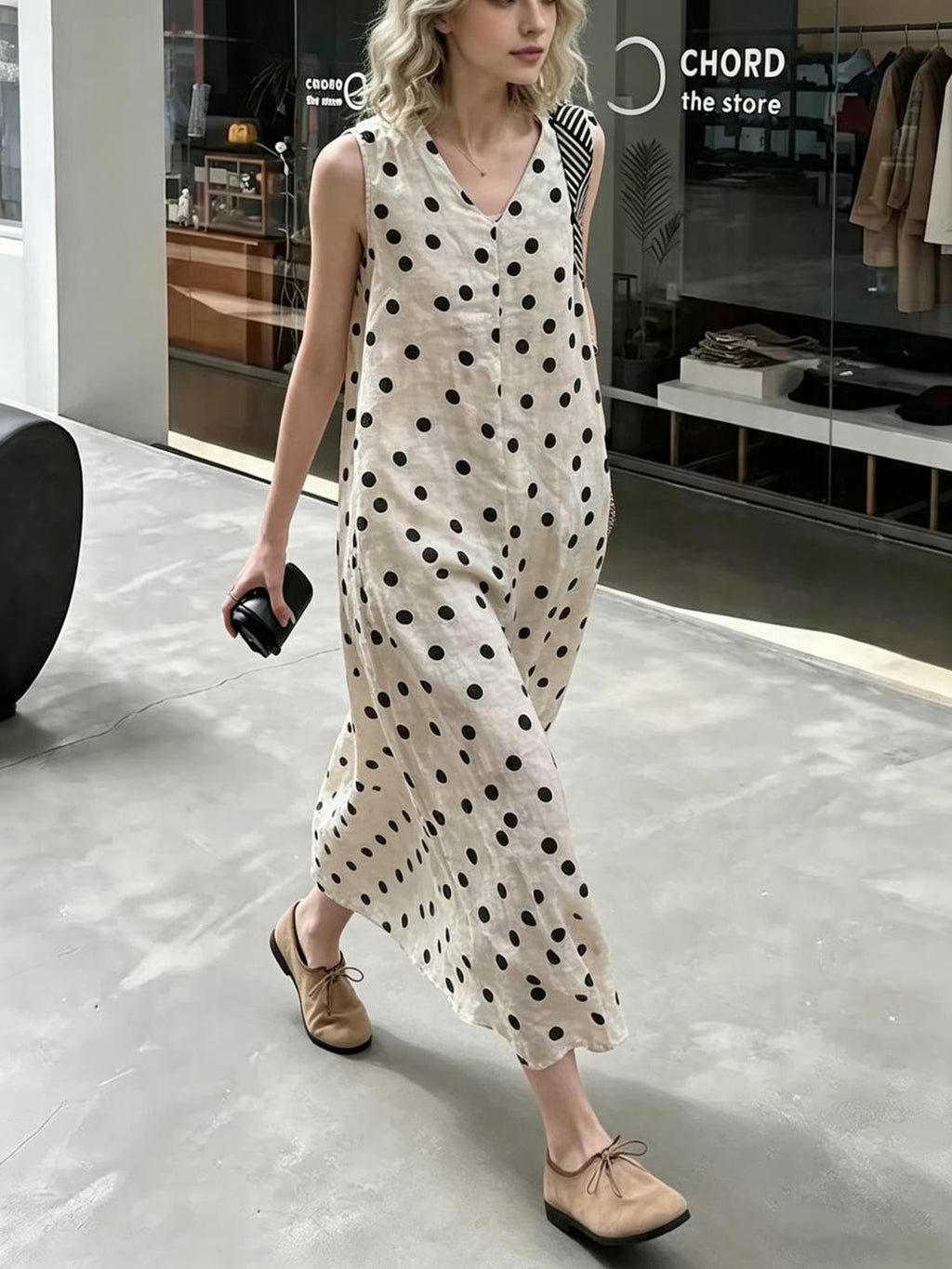 Retro Polka Dot V-Neck Sleeveless Dress — BL1039