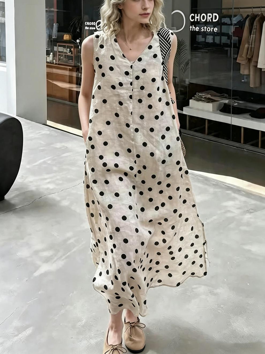 Retro Polka Dot V-Neck Sleeveless Dress — BL1039