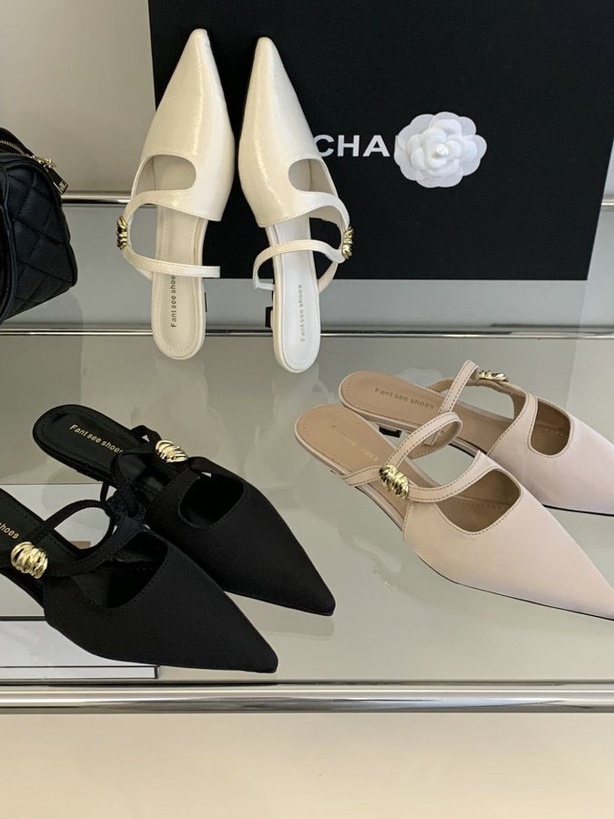 Pointed Toe Gold Accent Strap Pumps — BL1105
