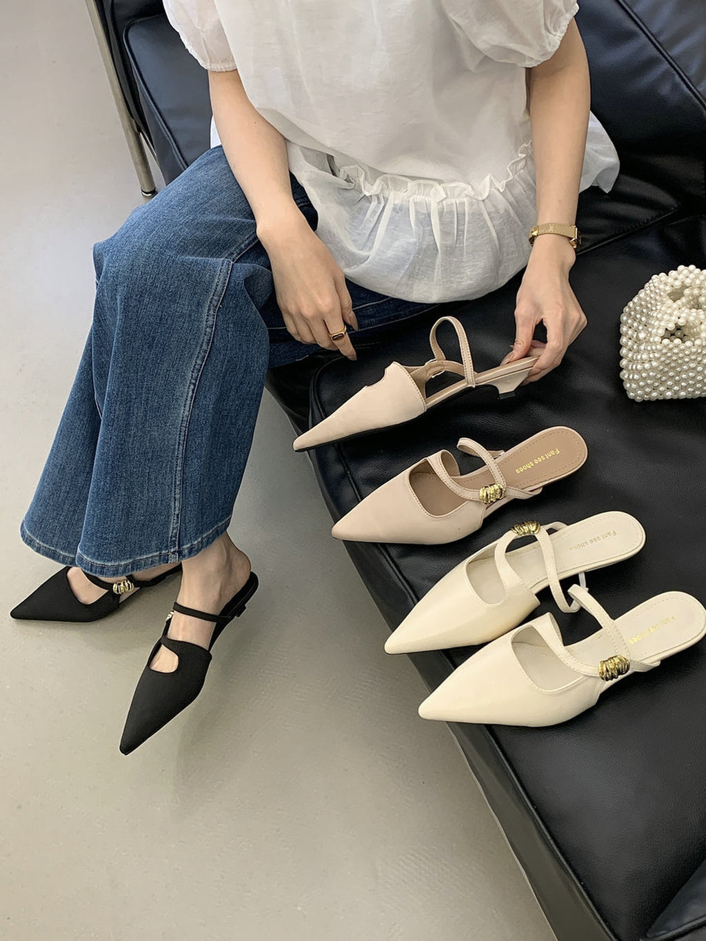 Pointed Toe Gold Accent Strap Pumps — BL1105