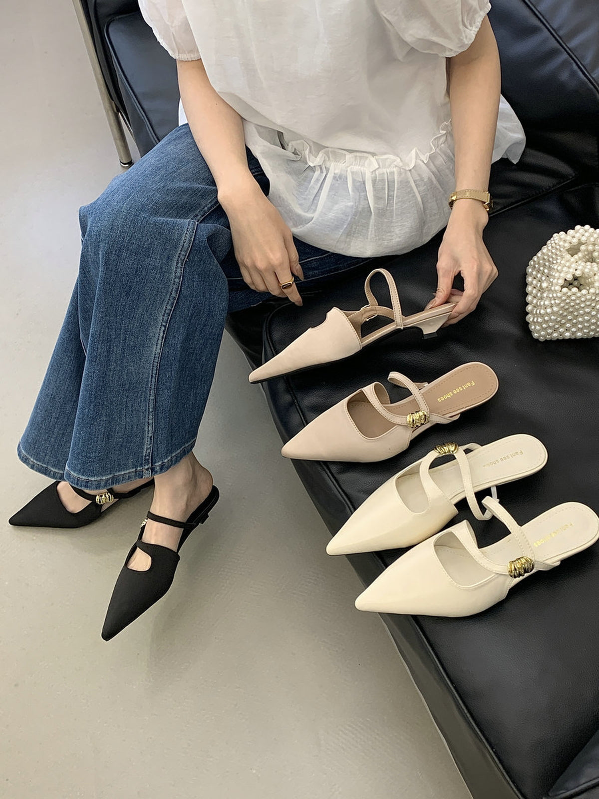 Pointed Toe Gold Accent Strap Pumps — BL1105