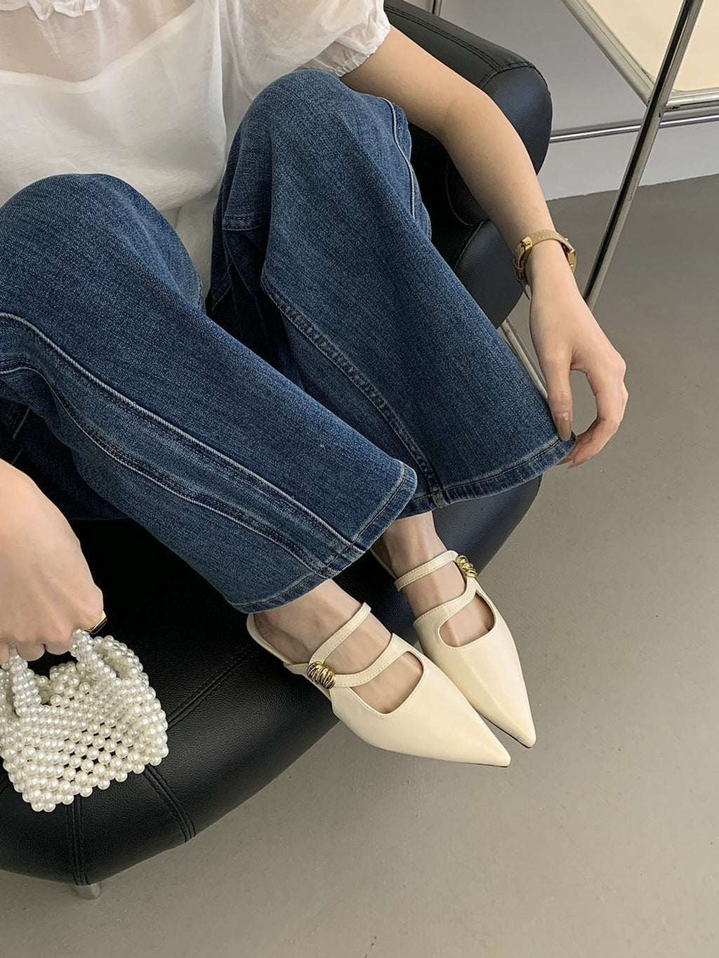 Pointed Toe Gold Accent Strap Pumps — BL1105