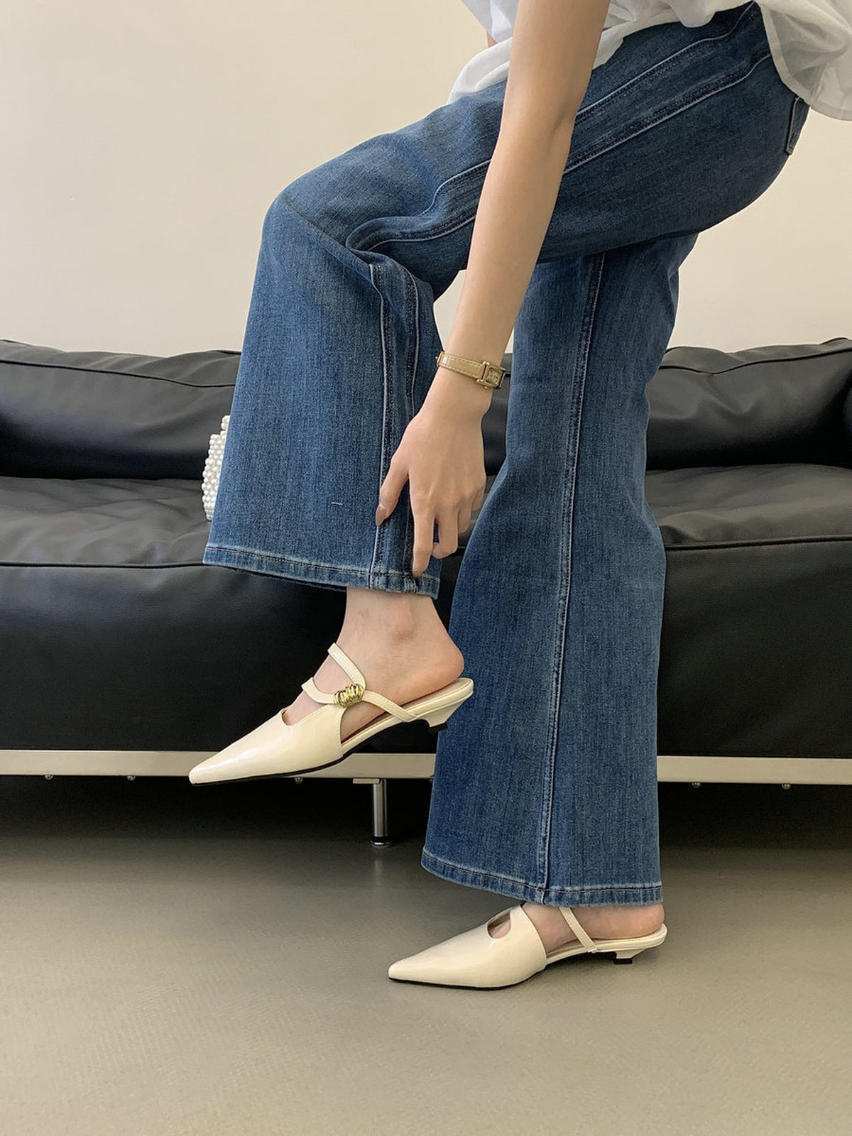 Pointed Toe Gold Accent Strap Pumps — BL1105