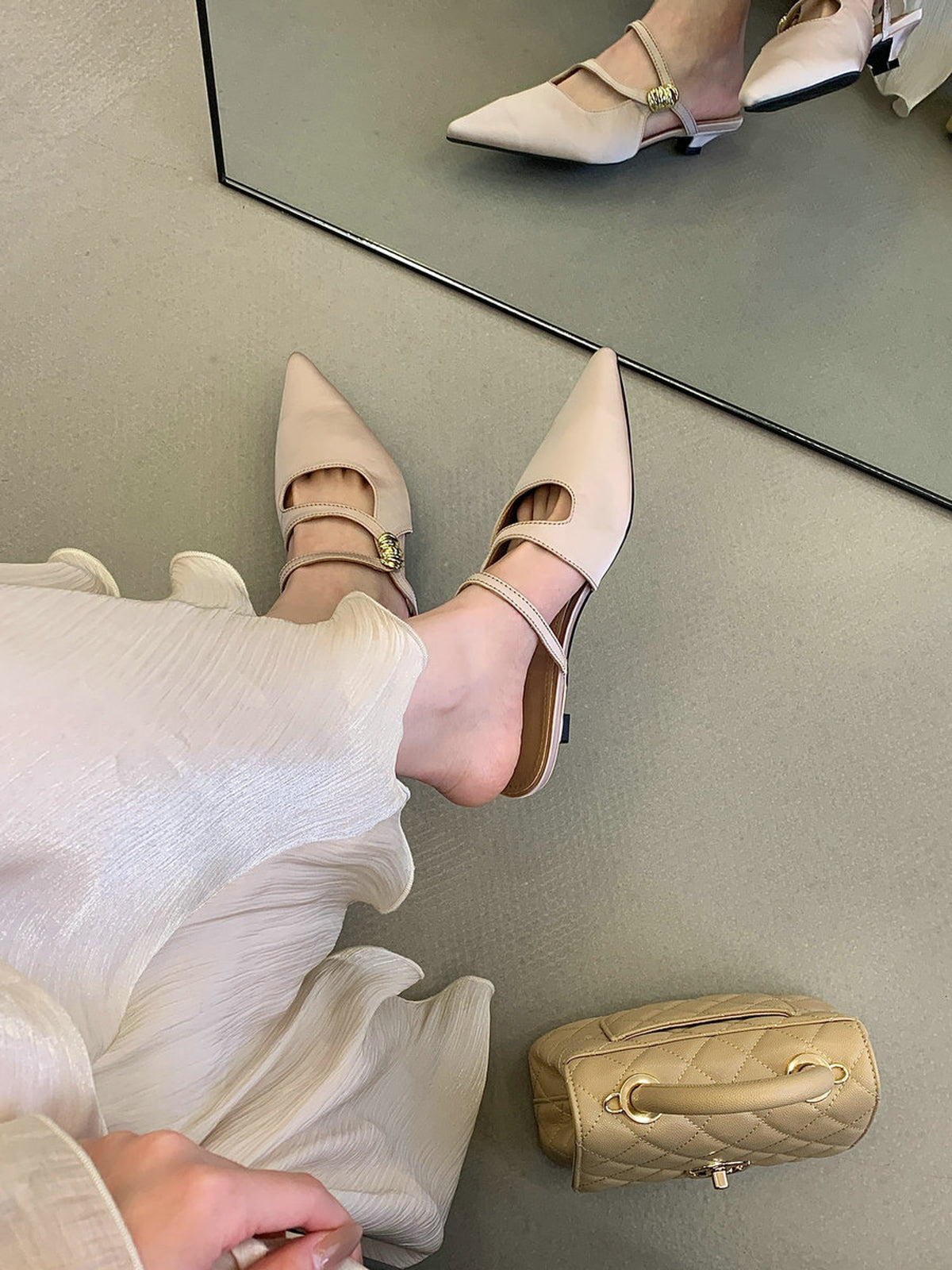 Pointed Toe Gold Accent Strap Pumps — BL1105
