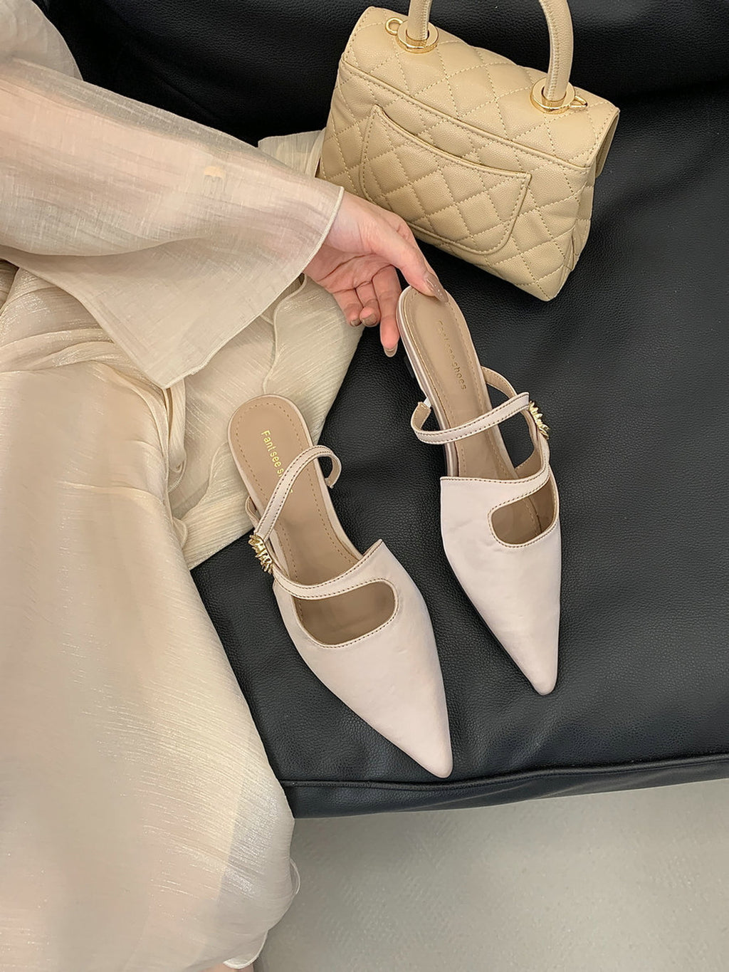 Pointed Toe Gold Accent Strap Pumps — BL1105