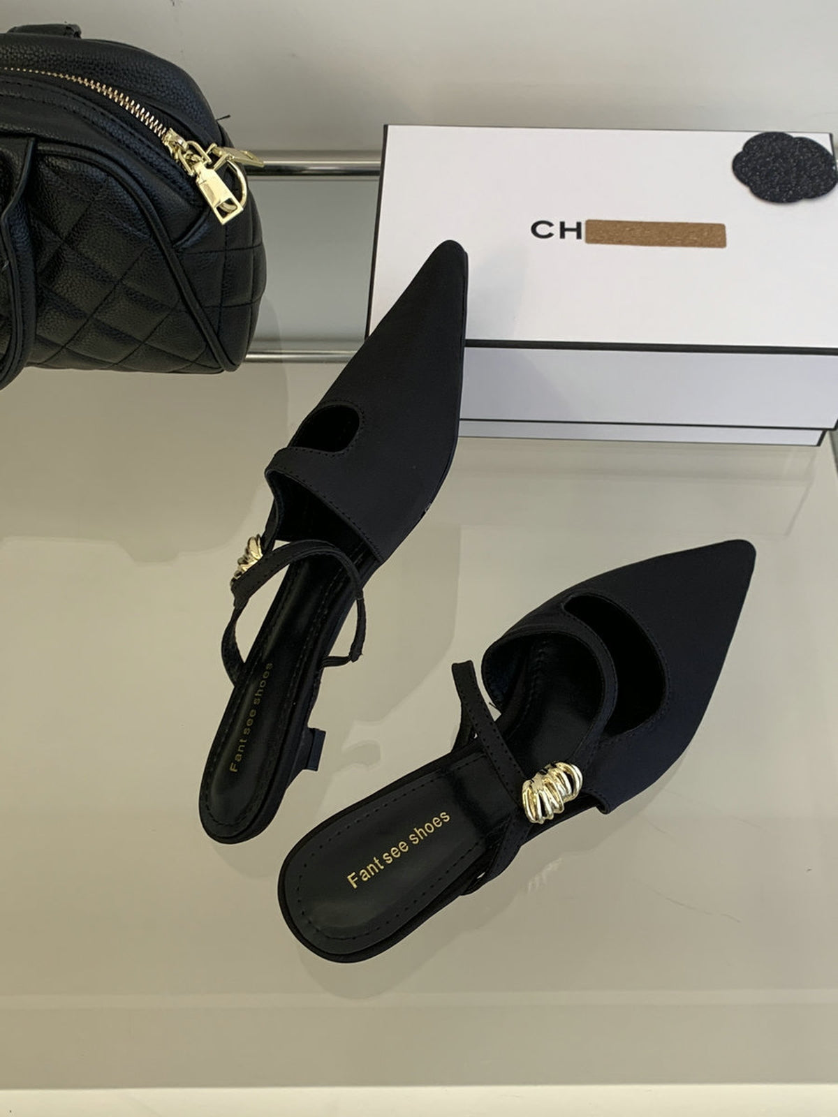 Pointed Toe Gold Accent Strap Pumps — BL1105