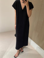 Deep V-Neck Relaxed Midi Dress — BL1106
