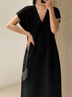 Deep V-Neck Relaxed Midi Dress — BL1106