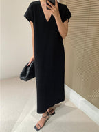 Deep V-Neck Relaxed Midi Dress — BL1106