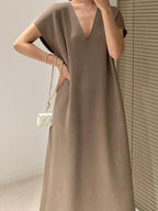 Deep V-Neck Relaxed Midi Dress — BL1106