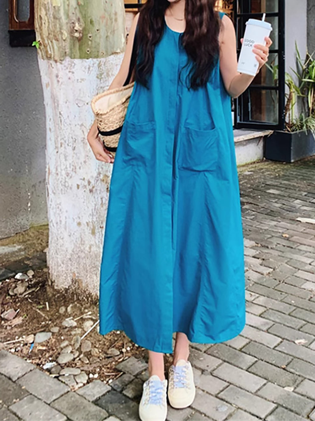 Luxe Cotton Relaxed Blue Midi Dress — BL1108