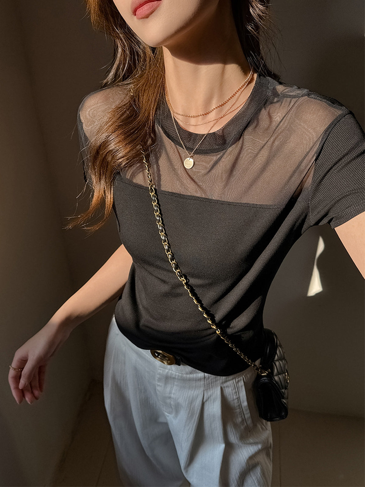 Sheer Panel Switching Knit Tops — BL1115