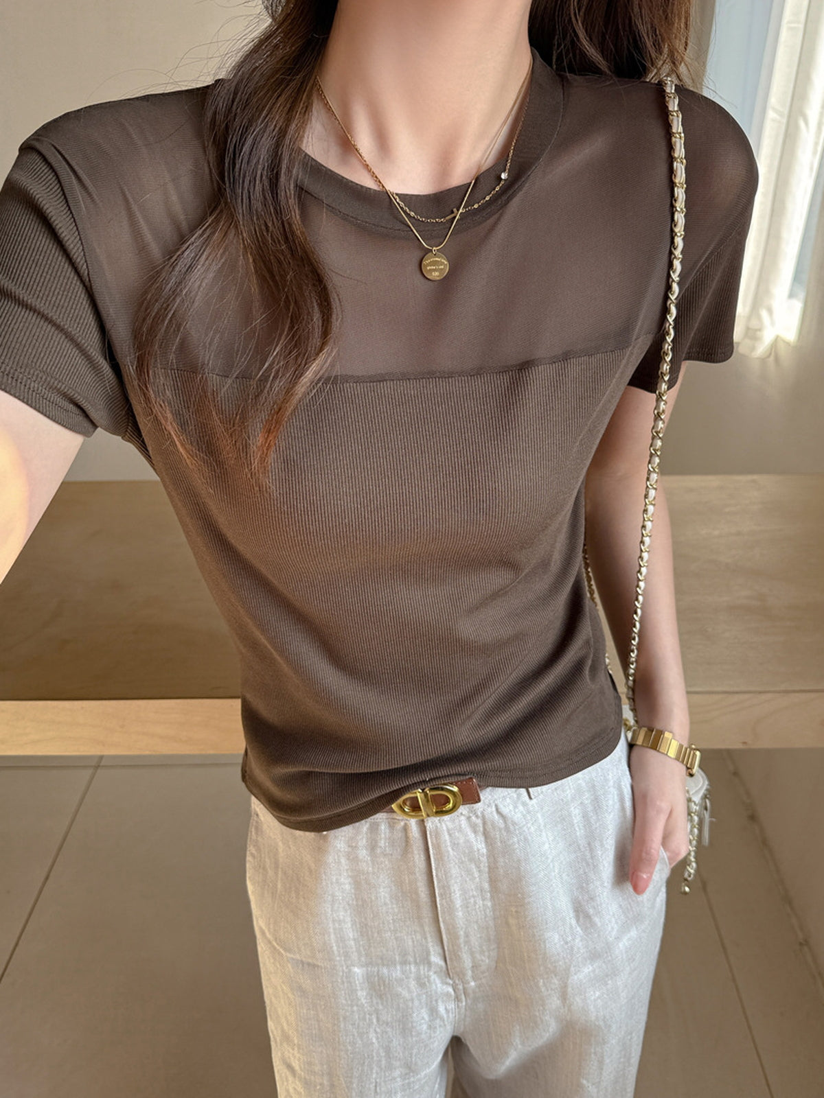 Sheer Panel Switching Knit Tops — BL1115