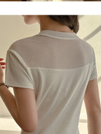 Sheer Panel Switching Knit Tops — BL1115