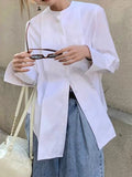 Minimal Collarless Cotton Long Shirt — BL1116