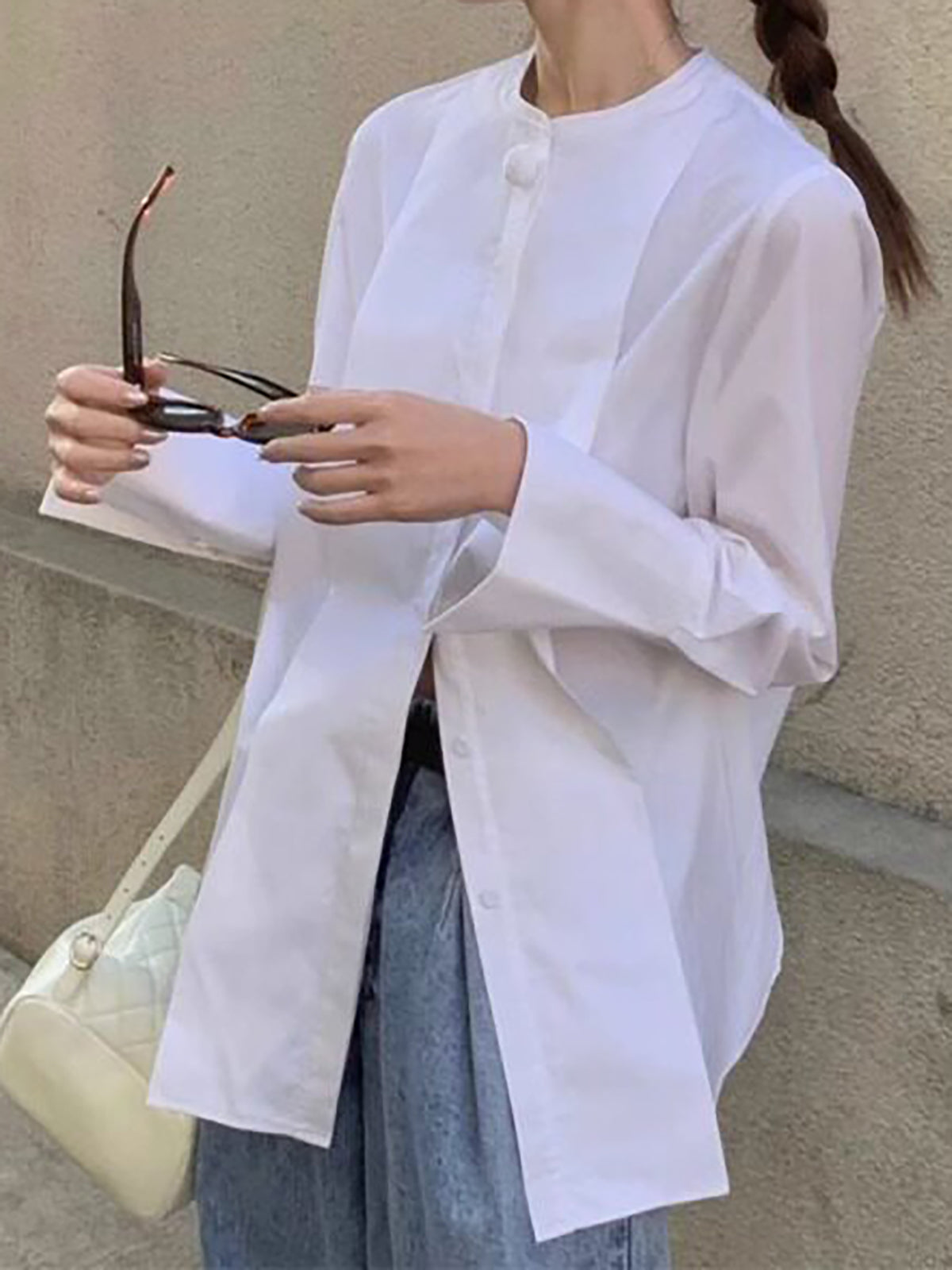 Minimal Collarless Cotton Long Shirt — BL1116