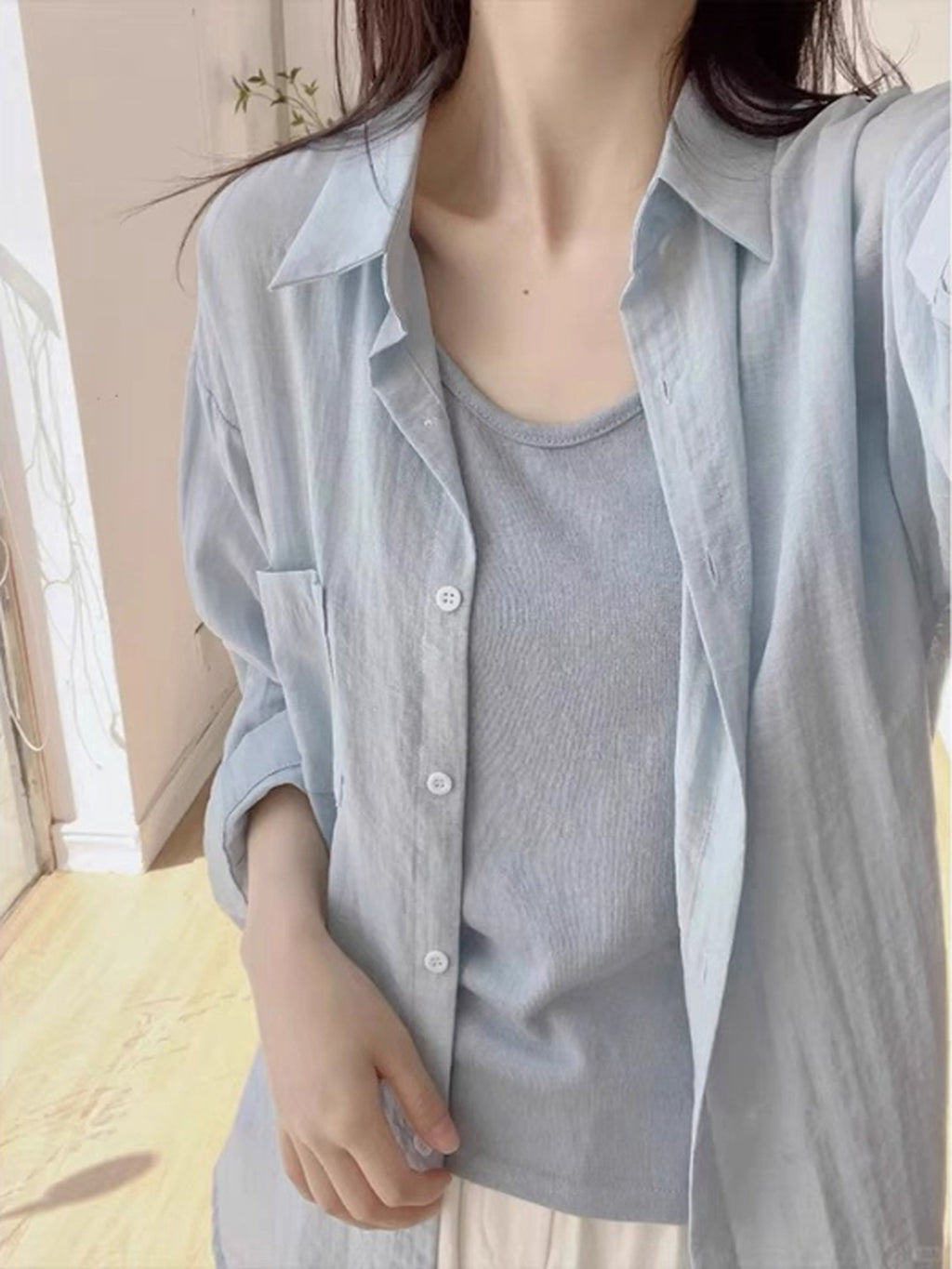 Linen Blend Relaxed V-Neck Fluid Tops — BL1123