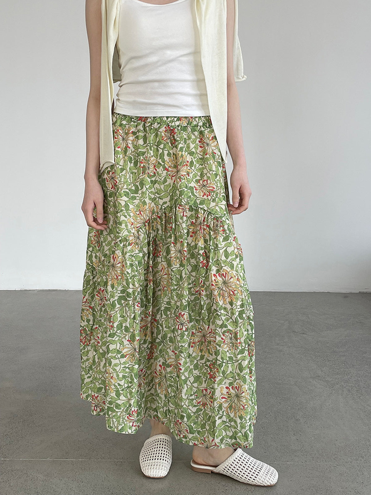 Botanical Print Lightweight Fluid Midi Skirt — BL1128