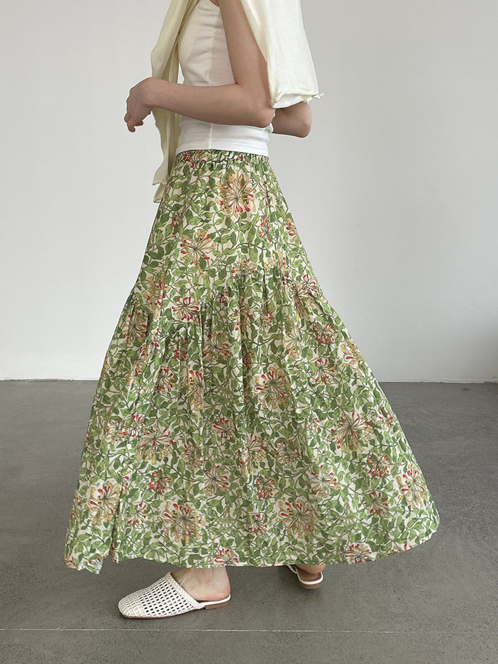 Botanical Print Lightweight Fluid Midi Skirt — BL1128