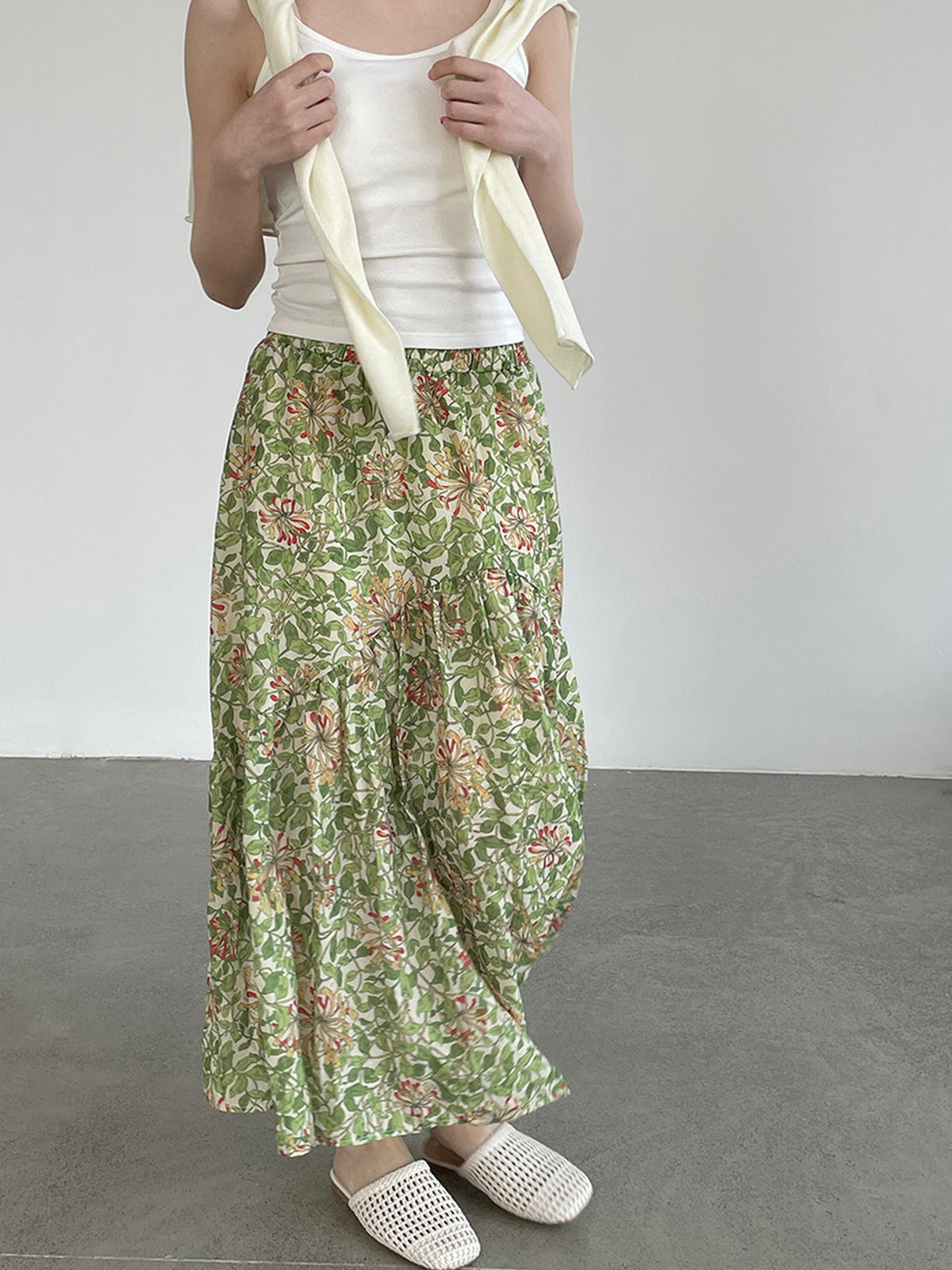 Botanical Print Lightweight Fluid Midi Skirt — BL1128