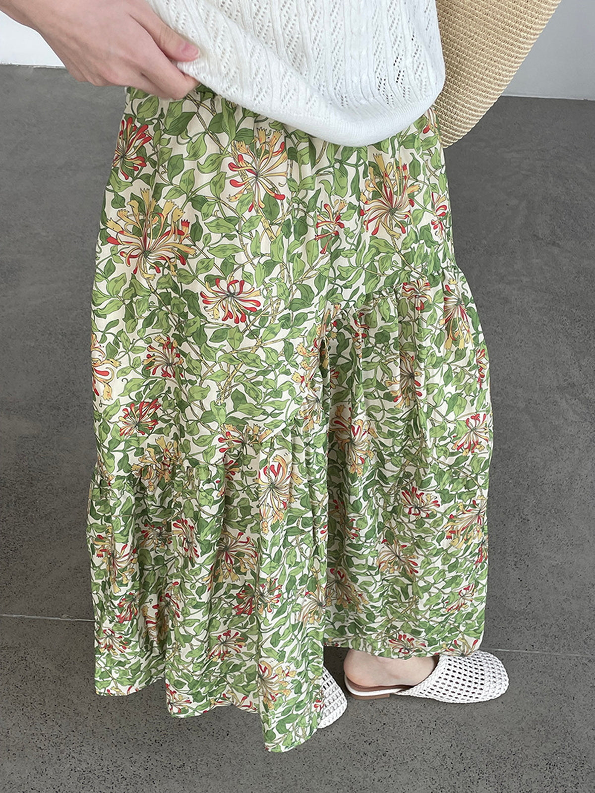 Botanical Print Lightweight Fluid Midi Skirt — BL1128