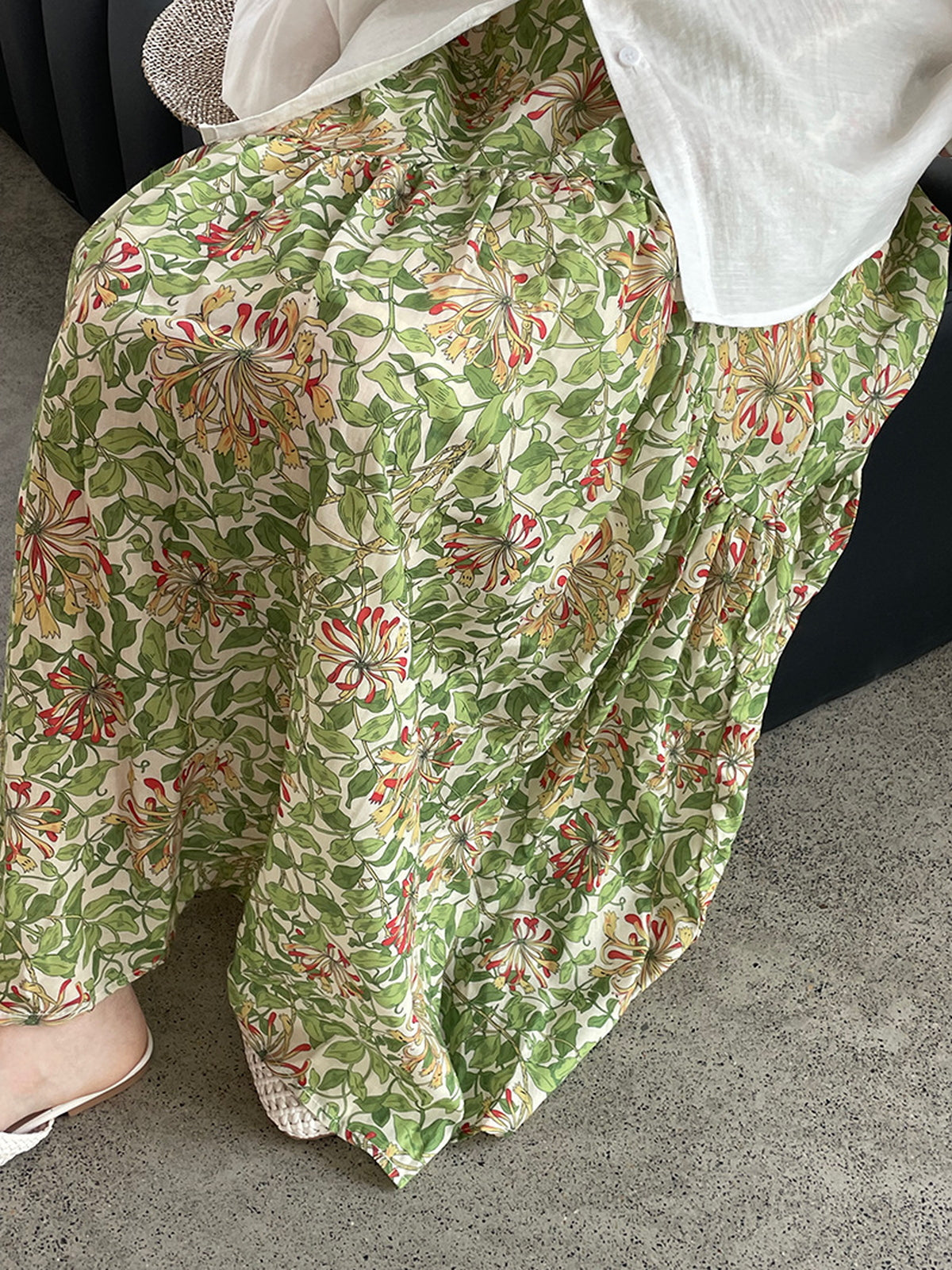 Botanical Print Lightweight Fluid Midi Skirt — BL1128