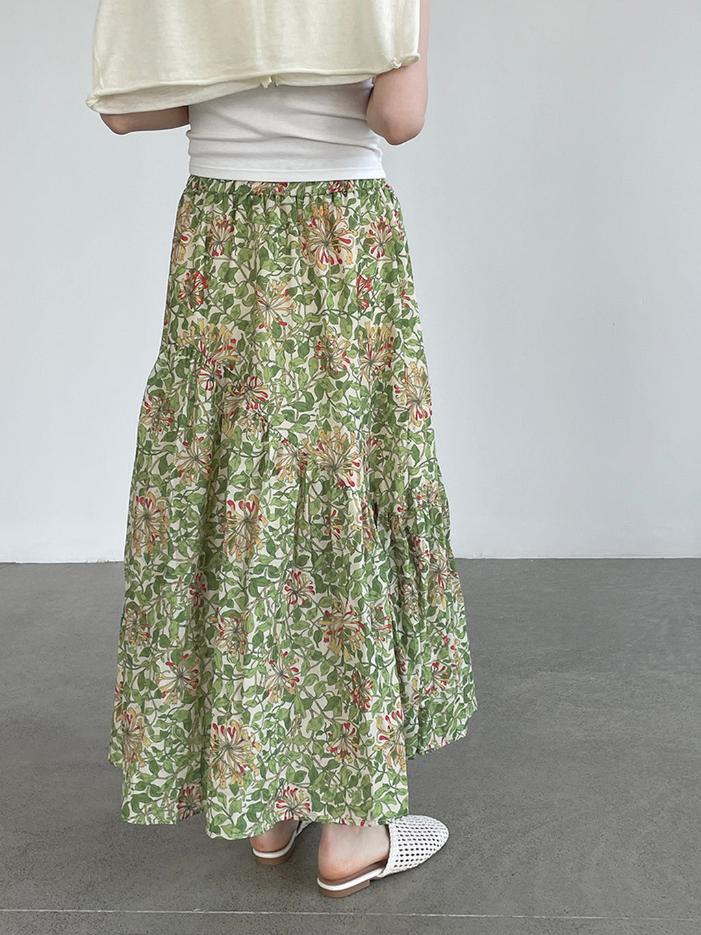 Botanical Print Lightweight Fluid Midi Skirt — BL1128