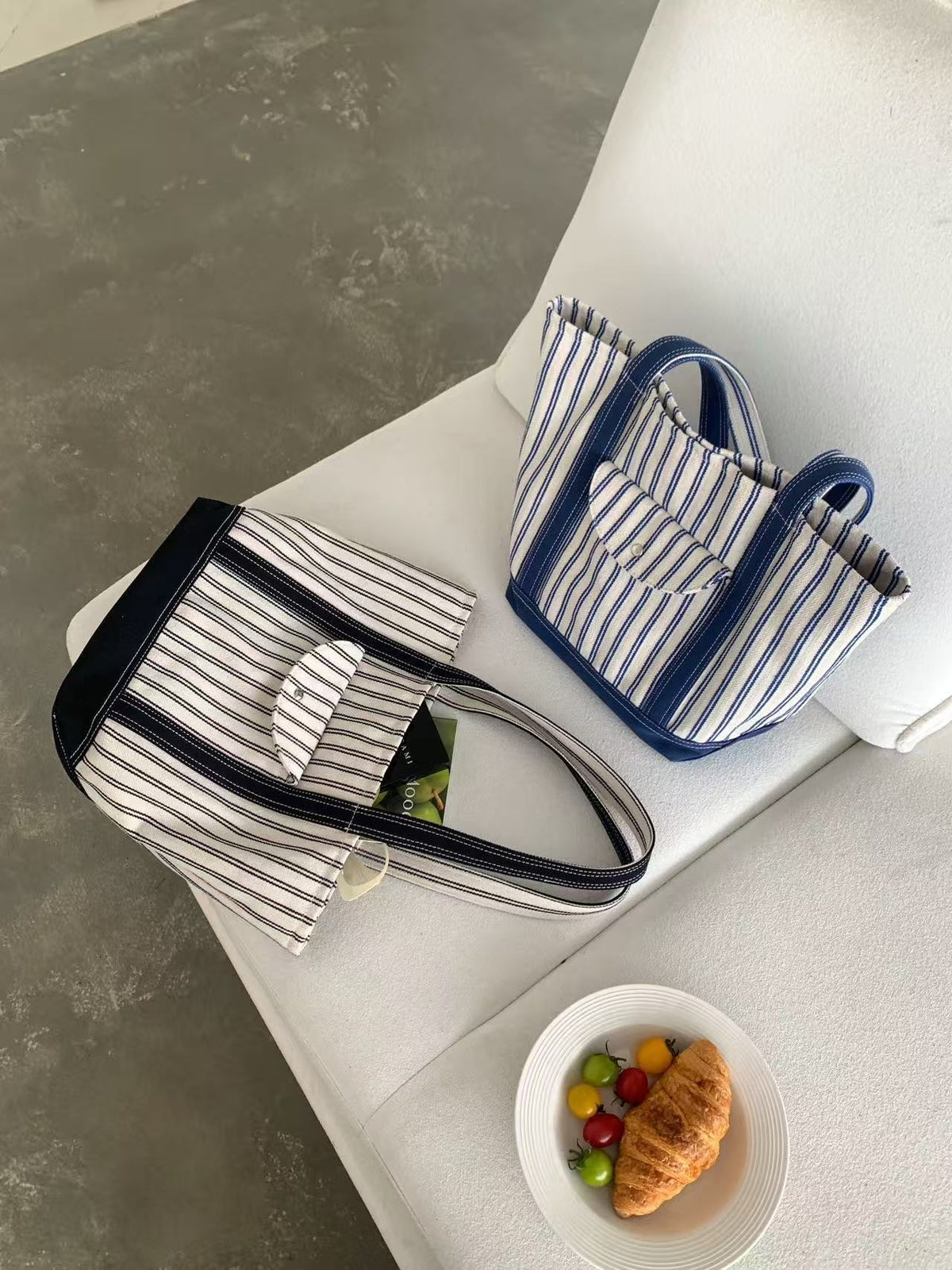 Stripe Canvas Tote Bag with Flap Pocket — BL1129