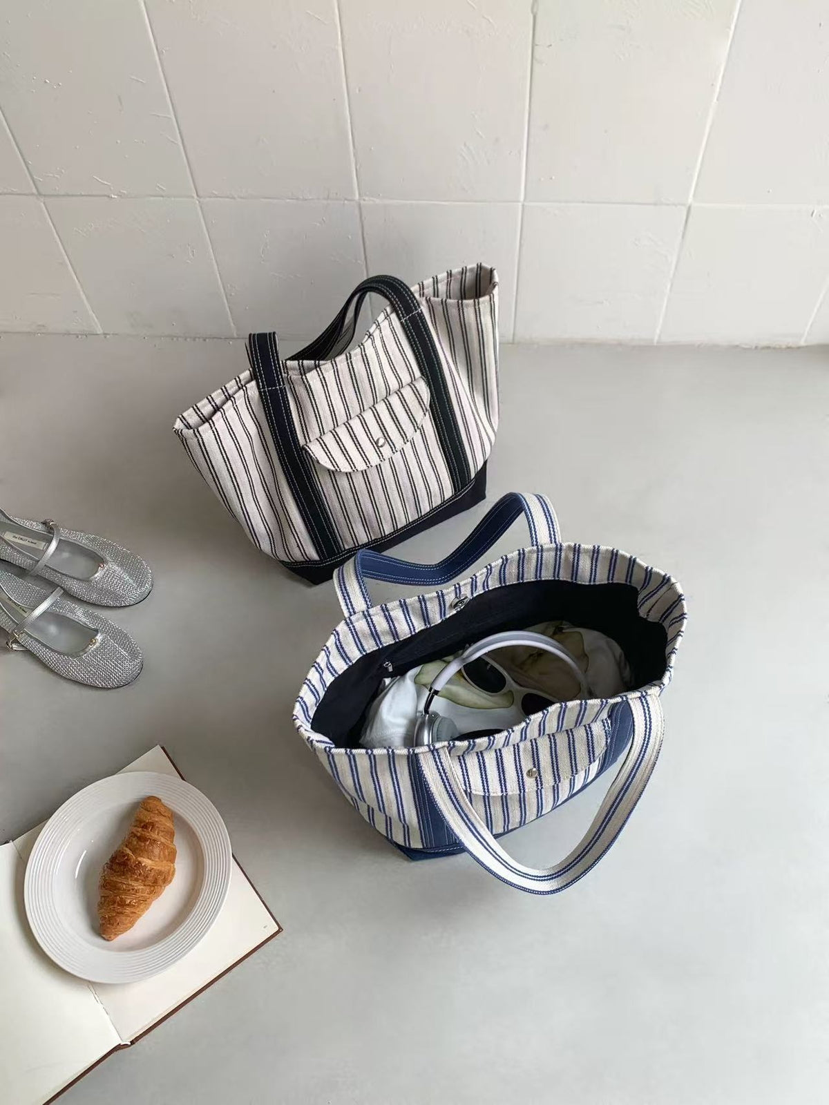 Stripe Canvas Tote Bag with Flap Pocket — BL1129